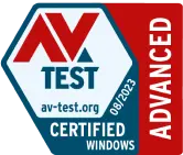 Et AV-TEST-logo udstedt 08/2023 for »ADVANCED«-produkter certificeret til Windows.
