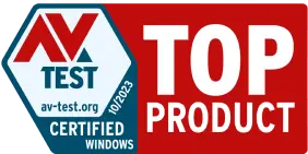Et AV-TEST-logo udstedt 10/2023 for et »TOPPRODUKT«, der er certificeret til Windows.