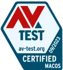 Et AV-TEST-logo udstedt 09/2023 for produkter, der er certificeret til MacOS.